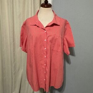 Karen Scott Womens 2X Gingham Check Short Sleeve Collared Button Up Shirt Coral‎